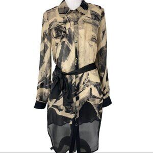 Andrew Marc Women's Tan GEO Print Sheer Button Down Swim Cover-Up Dress 8/C36
